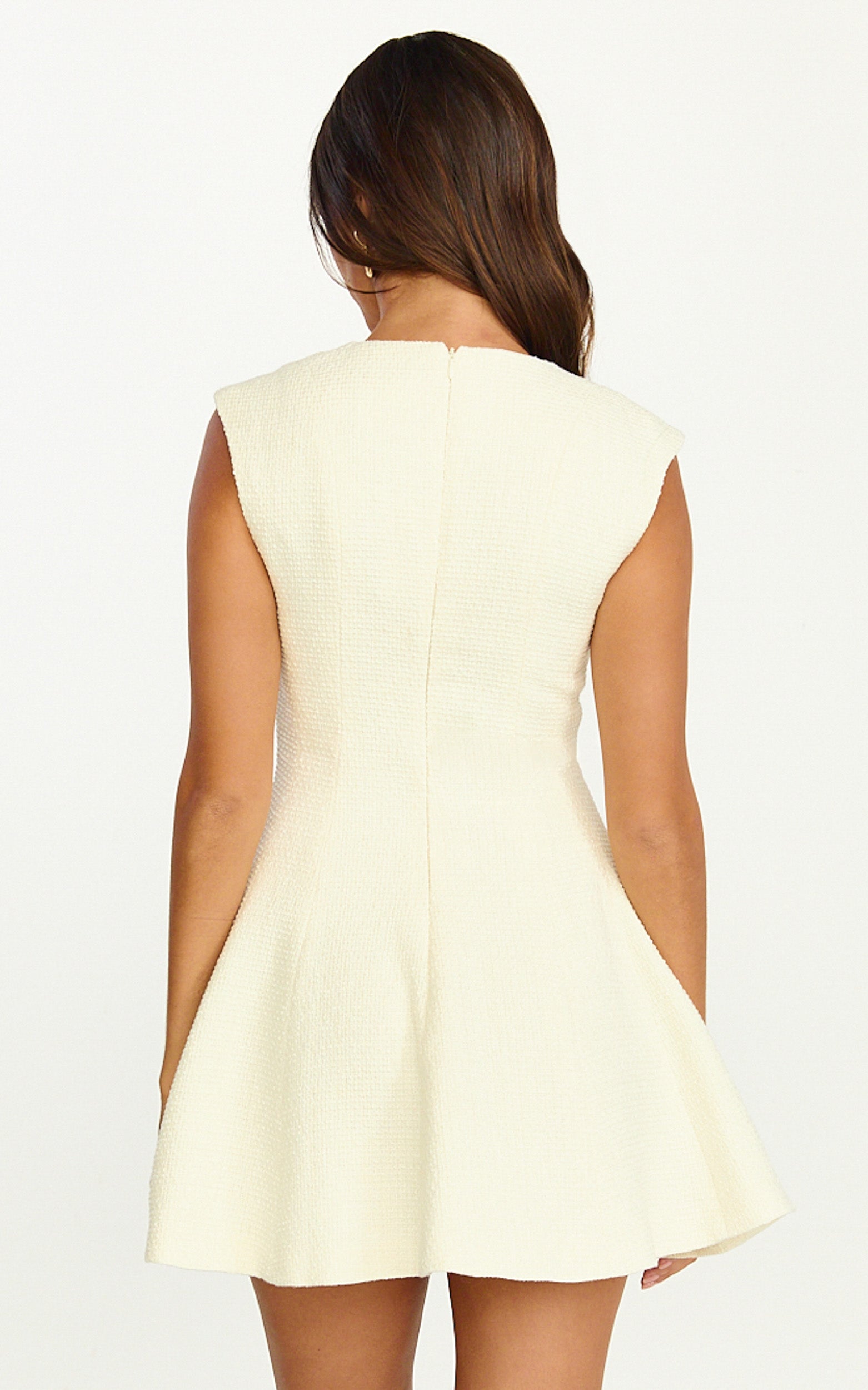 Nelson Mini Dress - Low Cut Boucle Fit & Flare Mini Dress in Cream