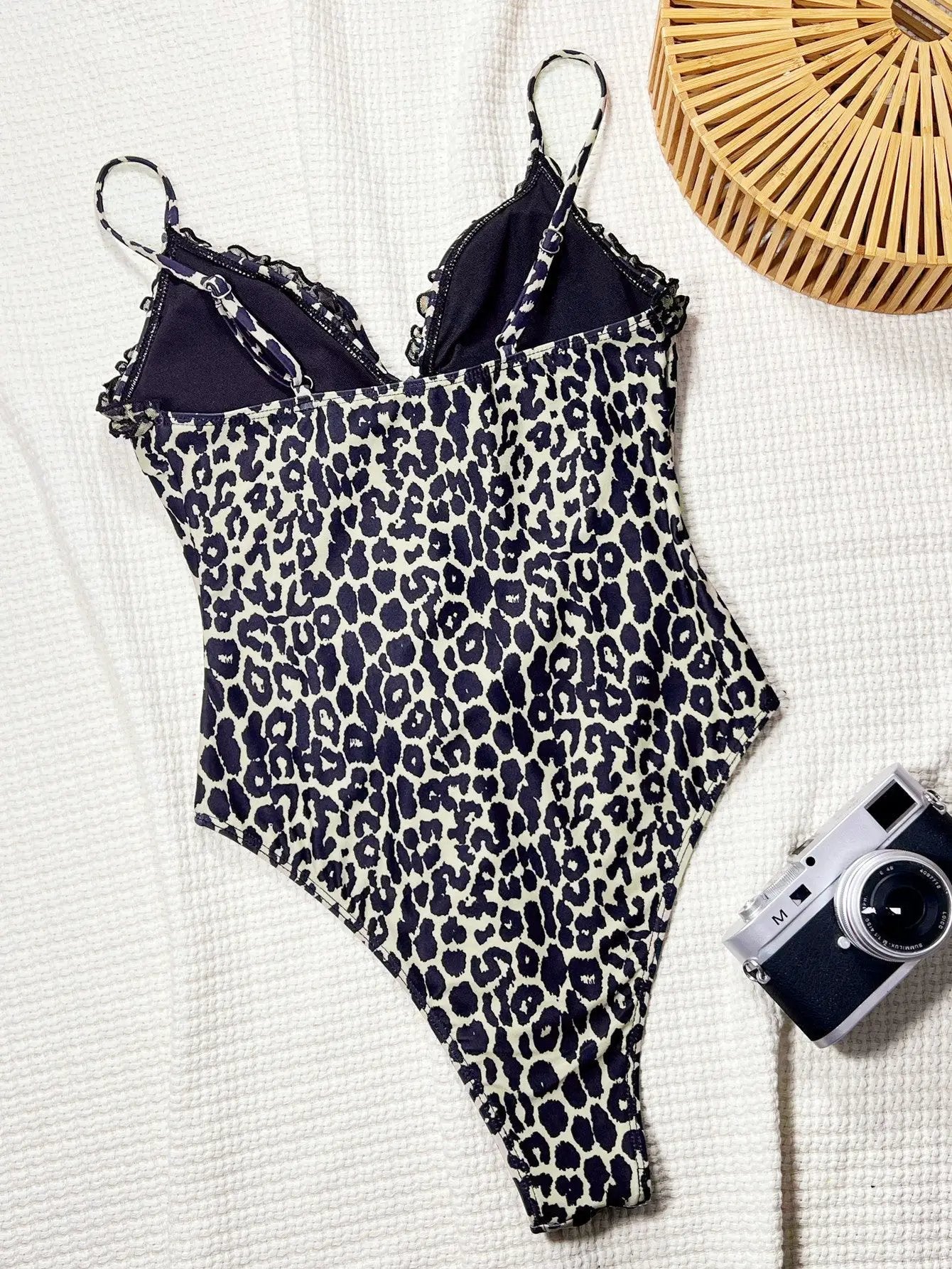 Leopard Black Ruffle Cut-Out Sexy 1Pc Swimsuit Monokini