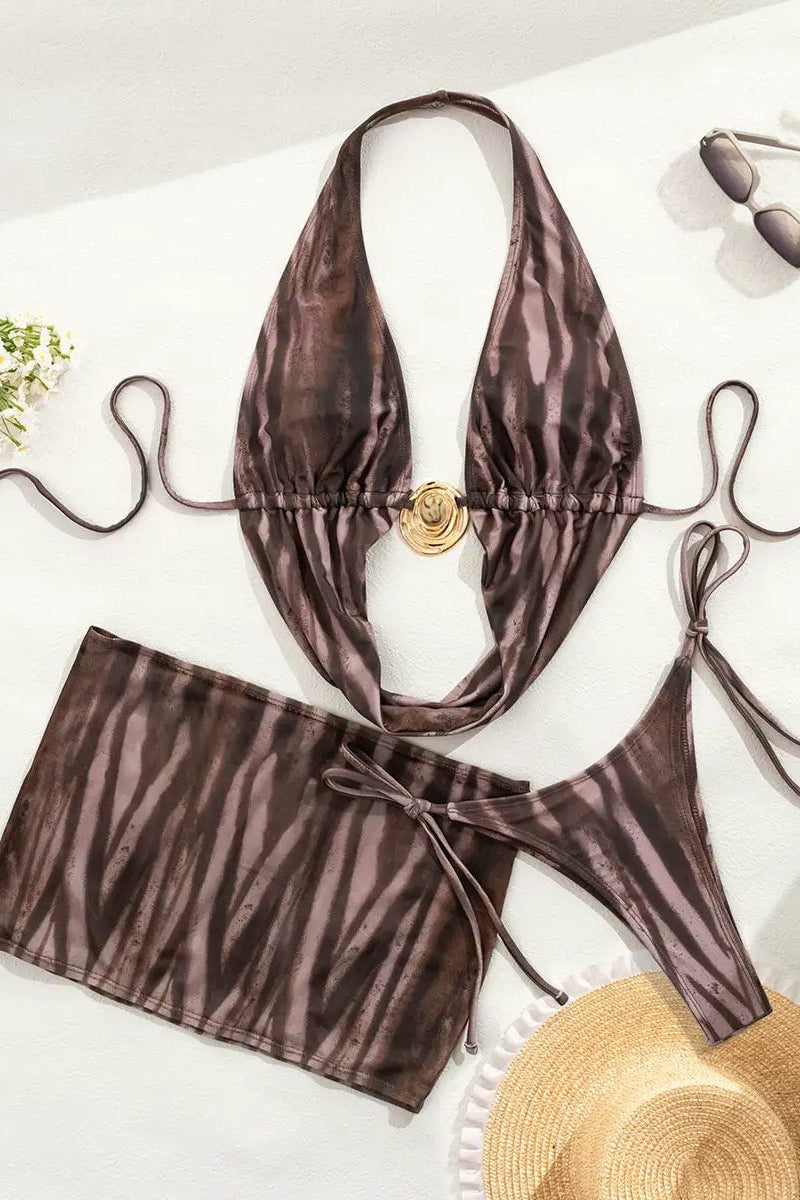 Coffe Tiger Print Gold Metal Decor Drape Top Mesh Skirt Sexy 3Pc Swimsuit Set