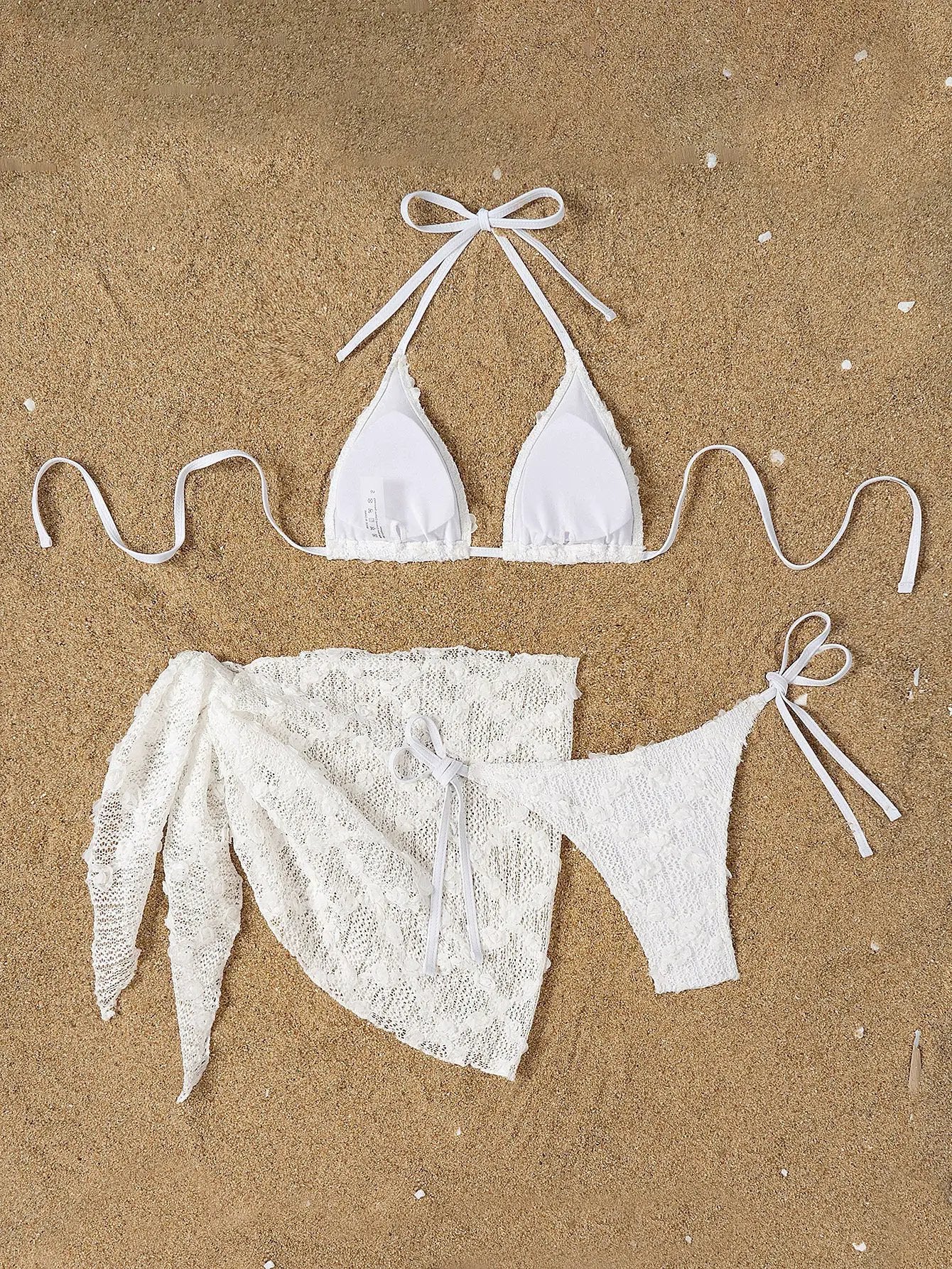 White 3D Rose Fabric Triangle Cheeky Cover-Up Sexy 3Pc Swimsuit Set