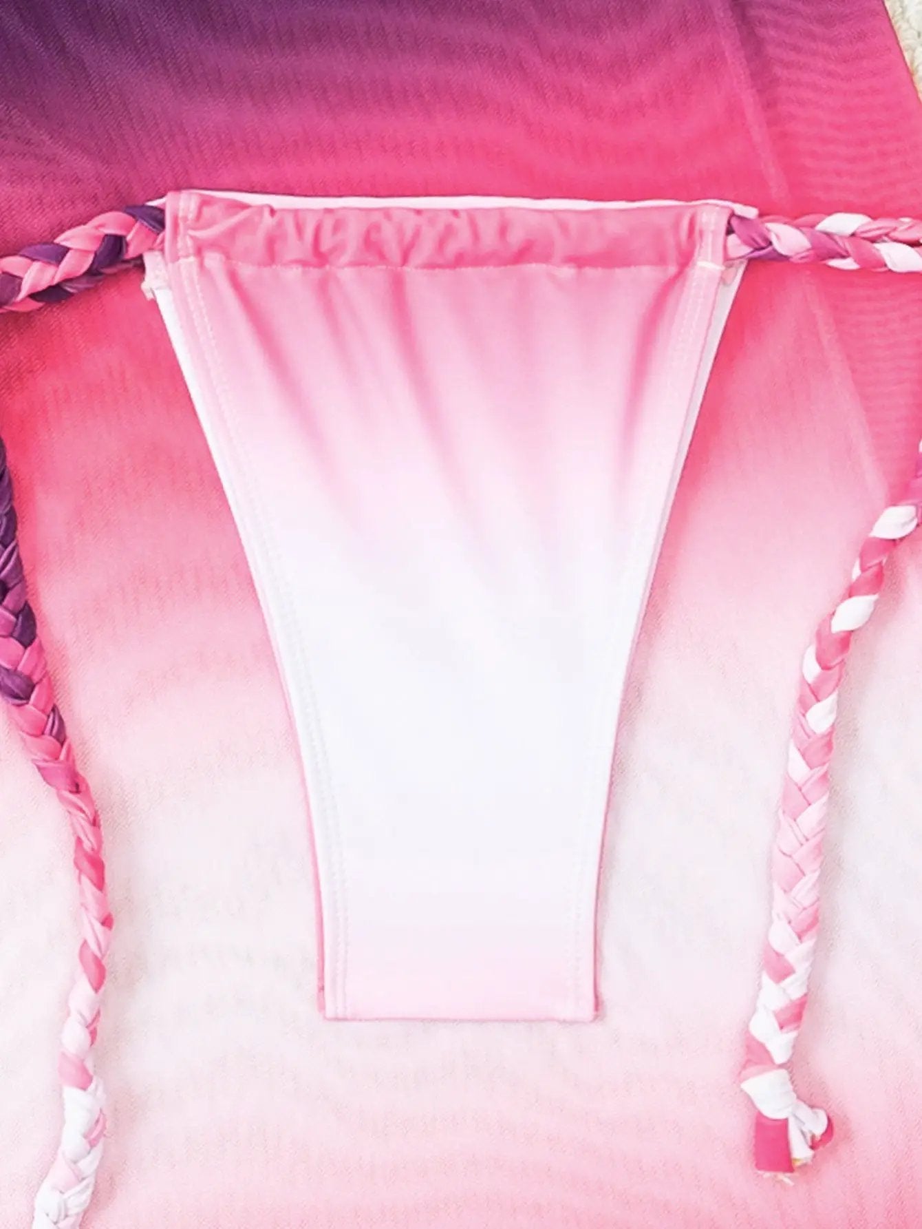 Pink Tie Dye Braided Bandeau Halter Cheeky Maxi Mesh Skirt 3Pc Swimsuit Set