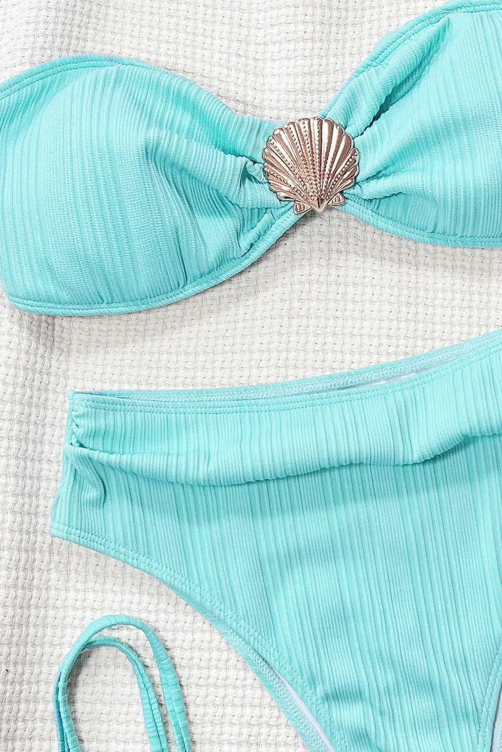 Blue Silver Sea Shell Bandeau High Waist Sexy 2Pc Swimsuit Set