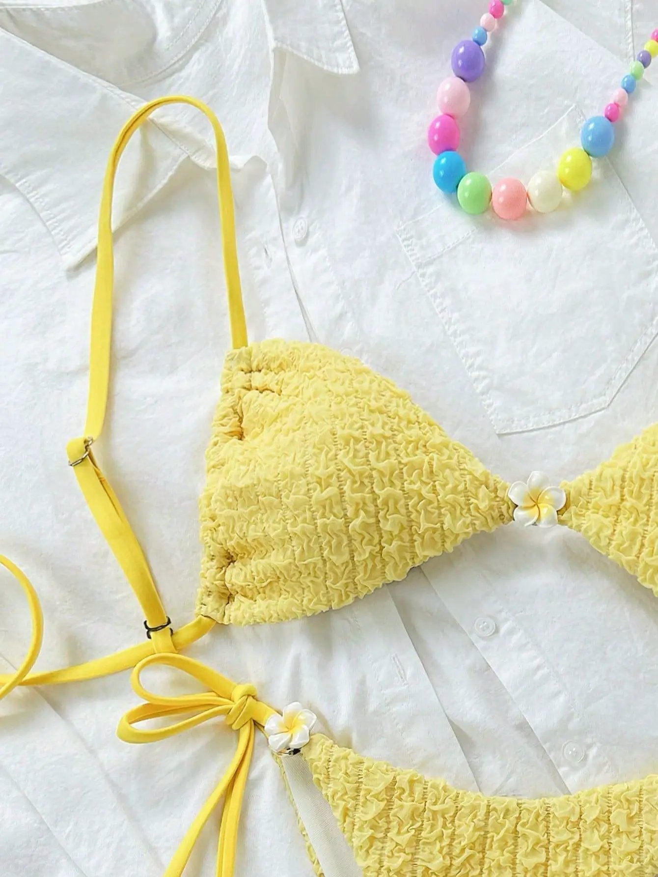 Yellow Textured Hawaiian Plumeria Flower Sexy 2Pc Swimsuit Set Bikini