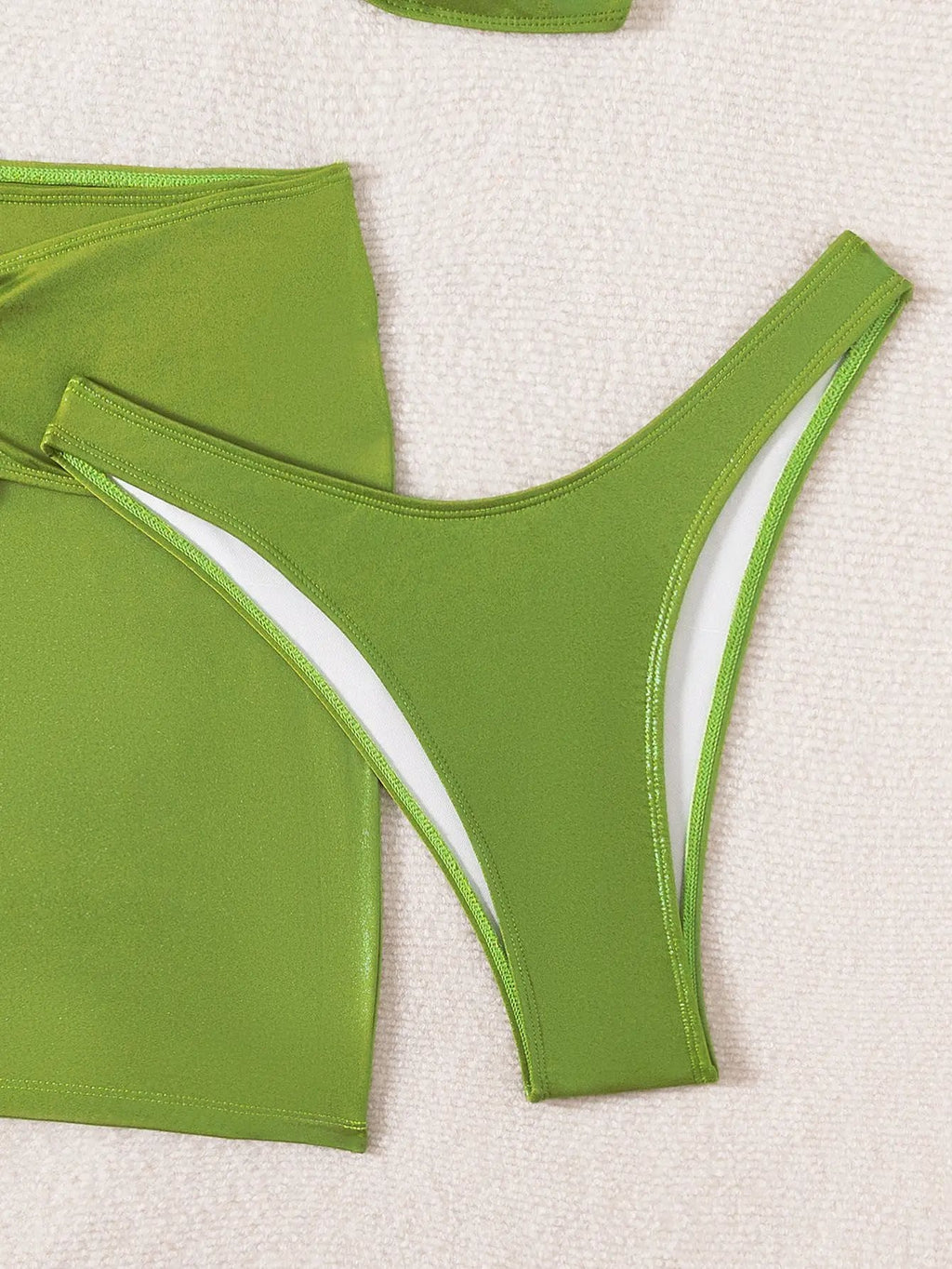 Green Shimmer Gold Metal Decor Bandeau Cheeky Skirt Cover-Up 3Pc Swimsuit Set
