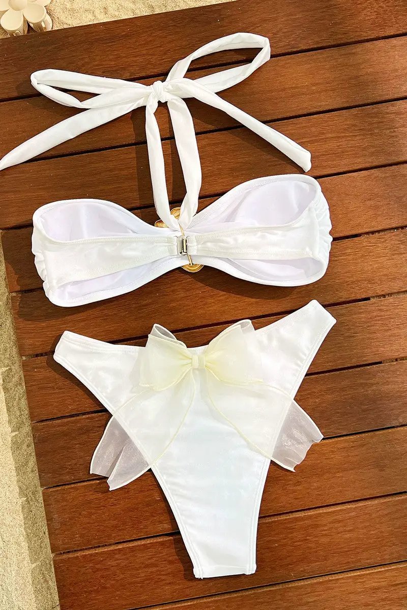 White Halter Gold Decor White Bow Sexy 2Pc Swimsuit Set Bikini