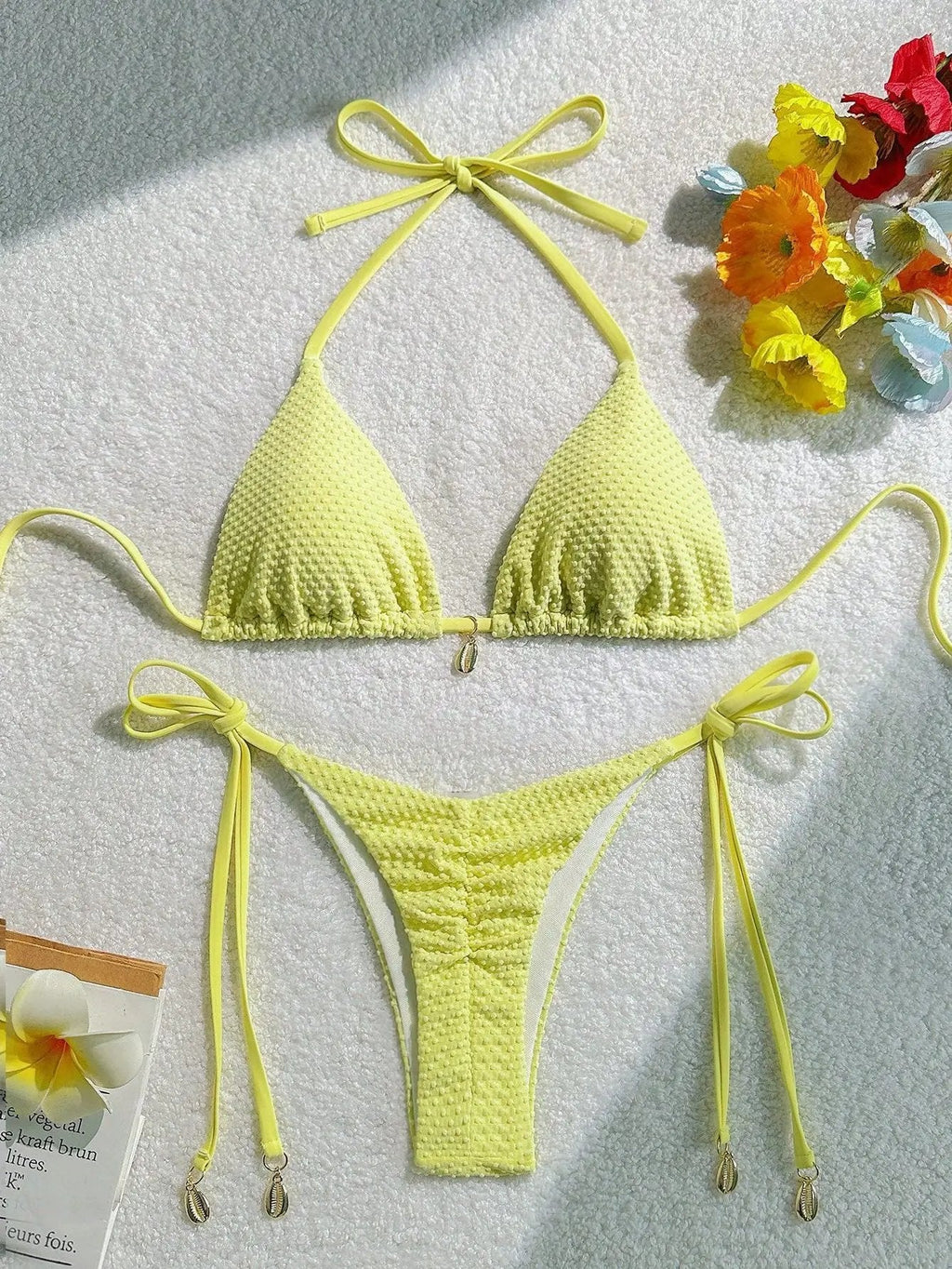 Yellow Dot Texture Fabric Gold Shell Charm Ruched Butt Sexy 2Pc Swimsuit Set Bikini