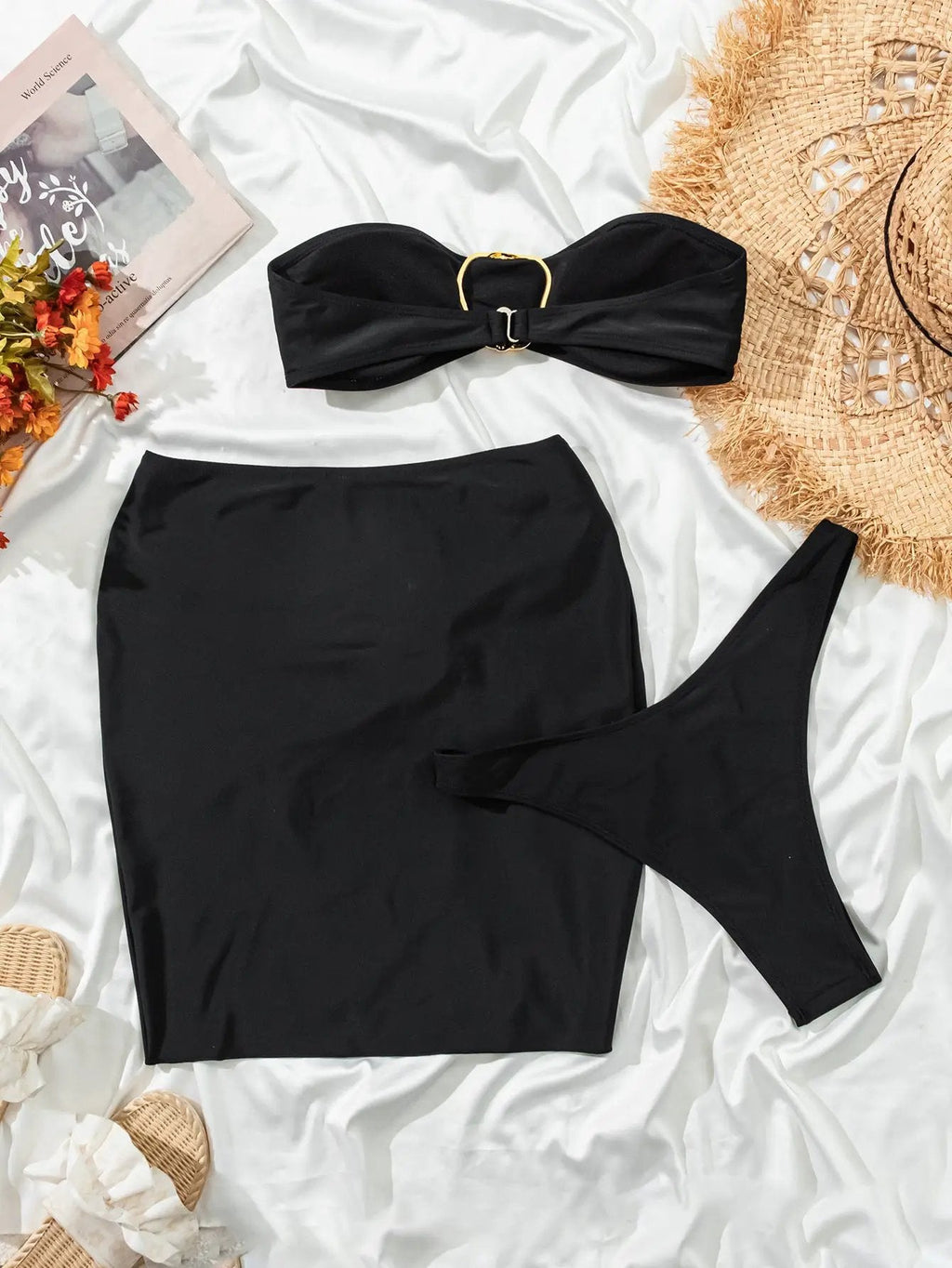 Black Gold Abstract Decor Bandeau Cheeky Cover-Up 3Pc Swimsuit Set