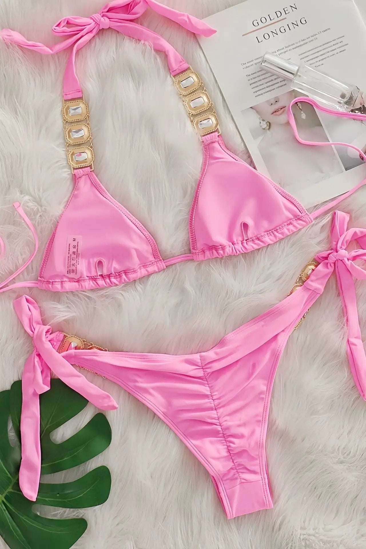 Pink Rhinestone Gem Halter Ruched Back Cheeky Sexy 2Pc Swimsuit Set BIkini