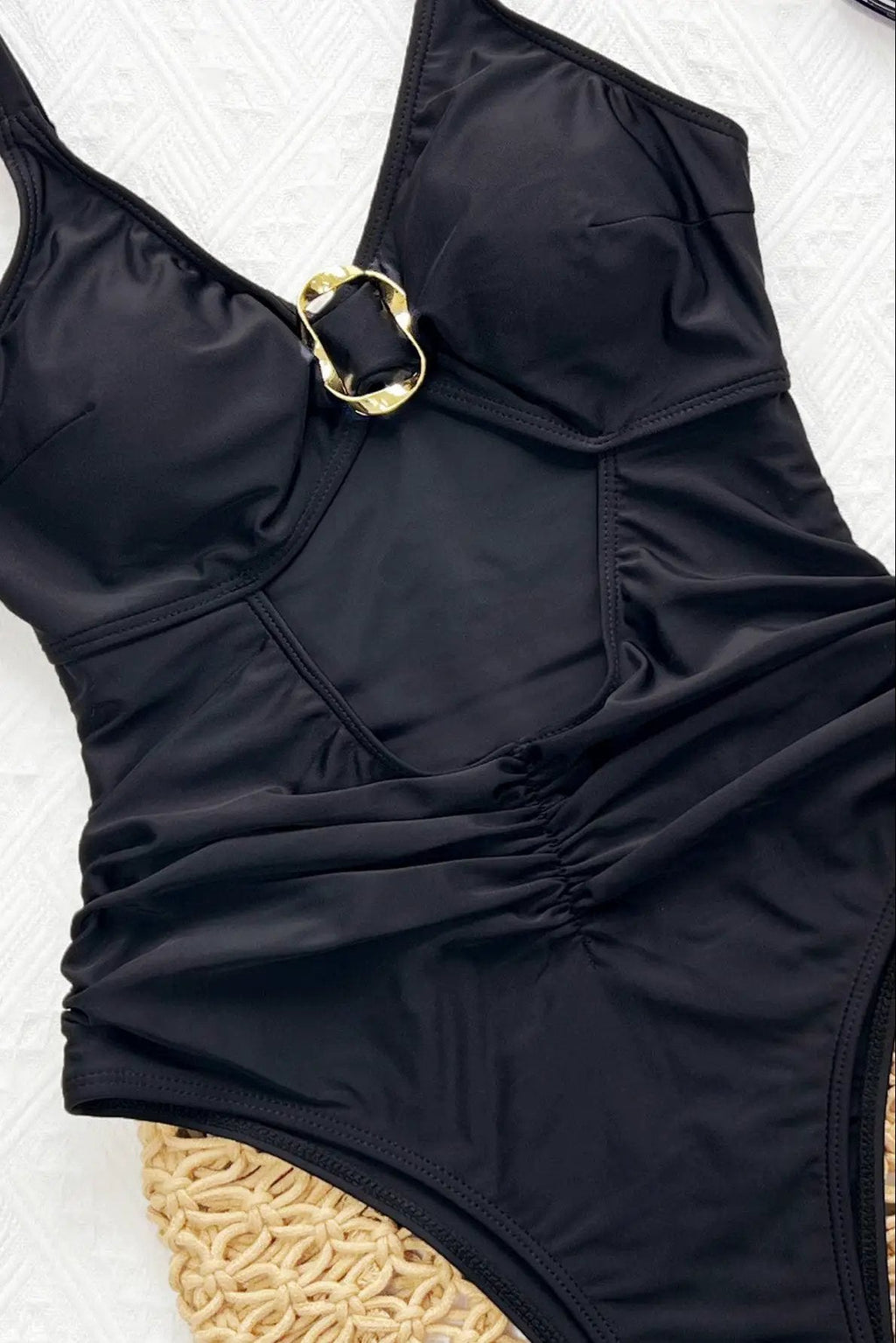 Black Cut-Out Gold Decor Ruched Contouring Flattering One Piece Monokini