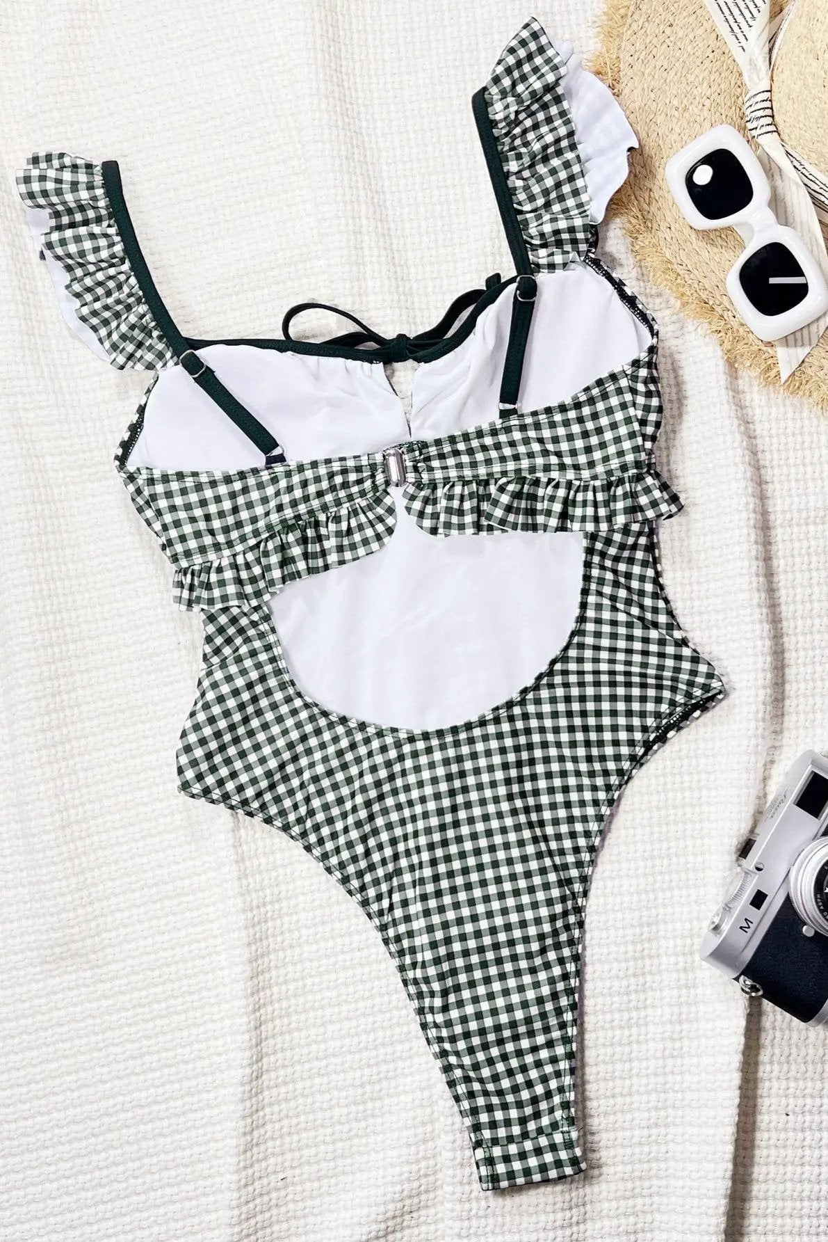 Black White Gingham Plaid Ruffle Bow High Cut Sexy 1Pc Swimsuit Monokini