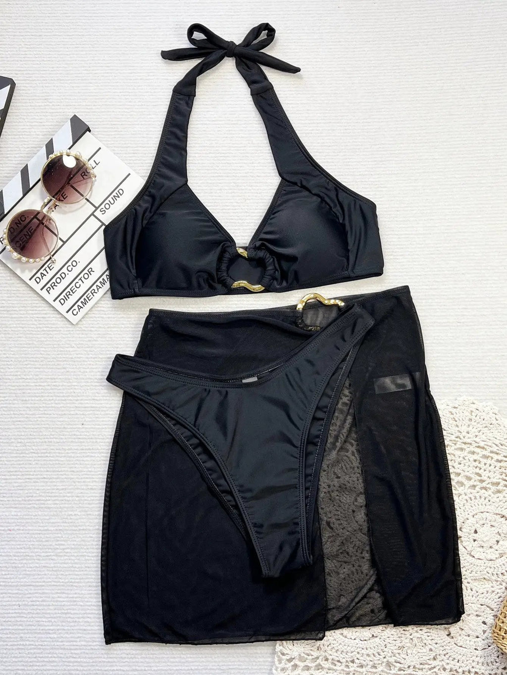 Black Old Decor Halter Padded Mesh Cover-Up Sexy 3Pc Swimsuit Set