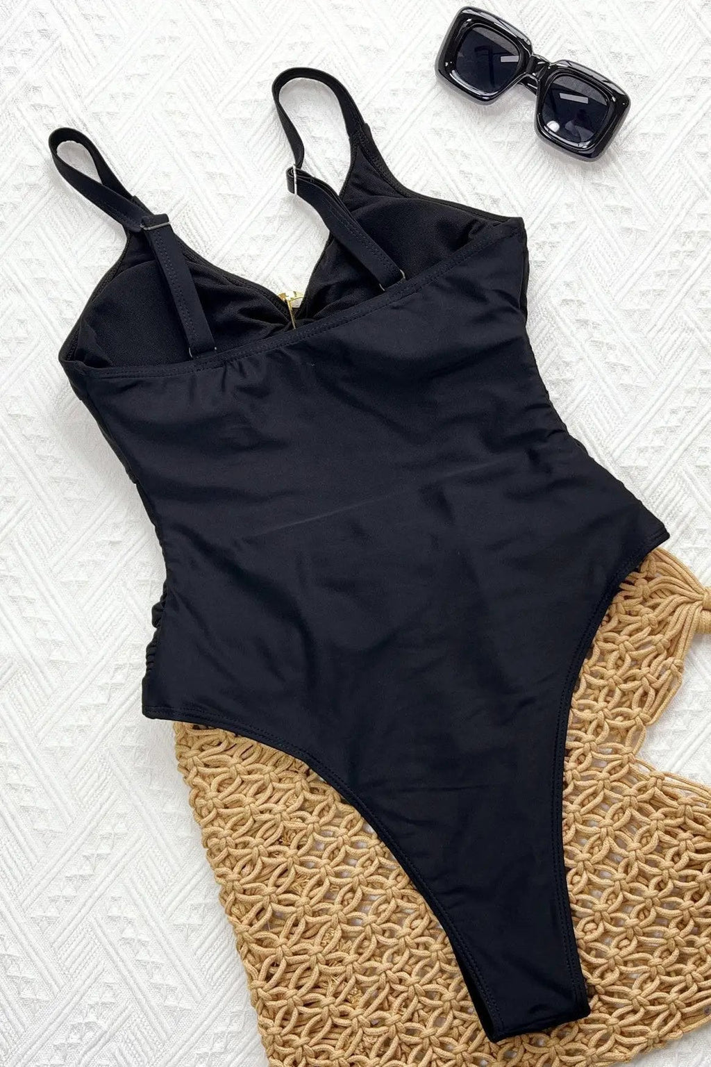 Black Cut-Out Gold Decor Ruched Contouring Flattering One Piece Monokini
