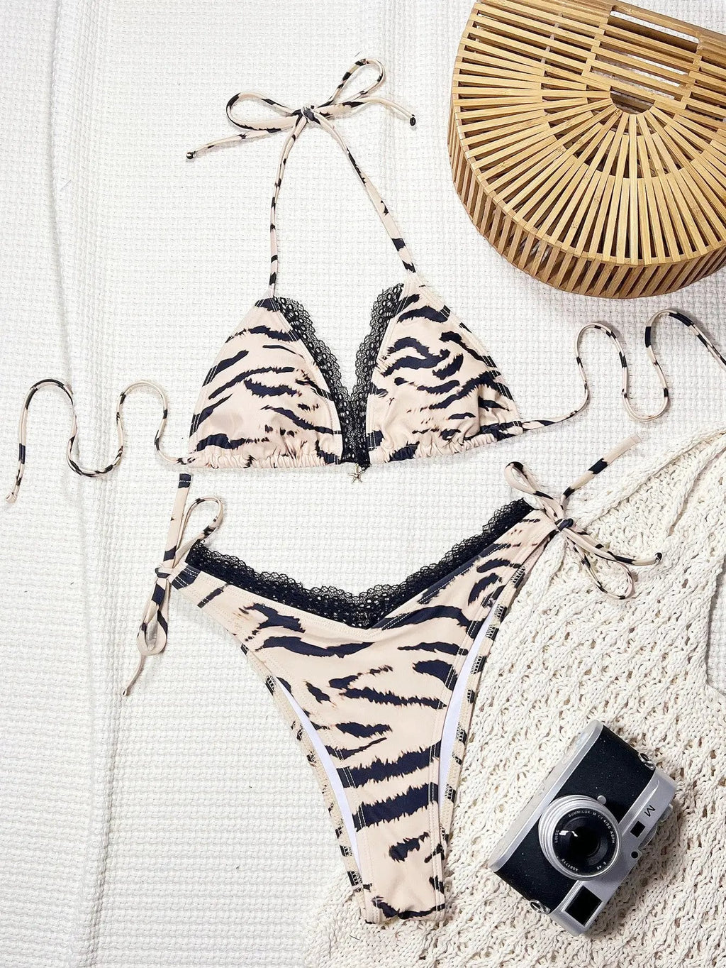 Beige Black Tiger Print Lace Silver Starfish Sexy Flattering Cut 2Pc Swimsuit Set