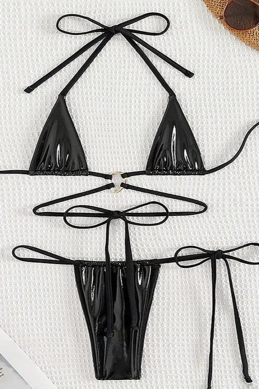 Black Patent Leather Micro Strappy Thong Sexy 2Pc Swimsuit Set