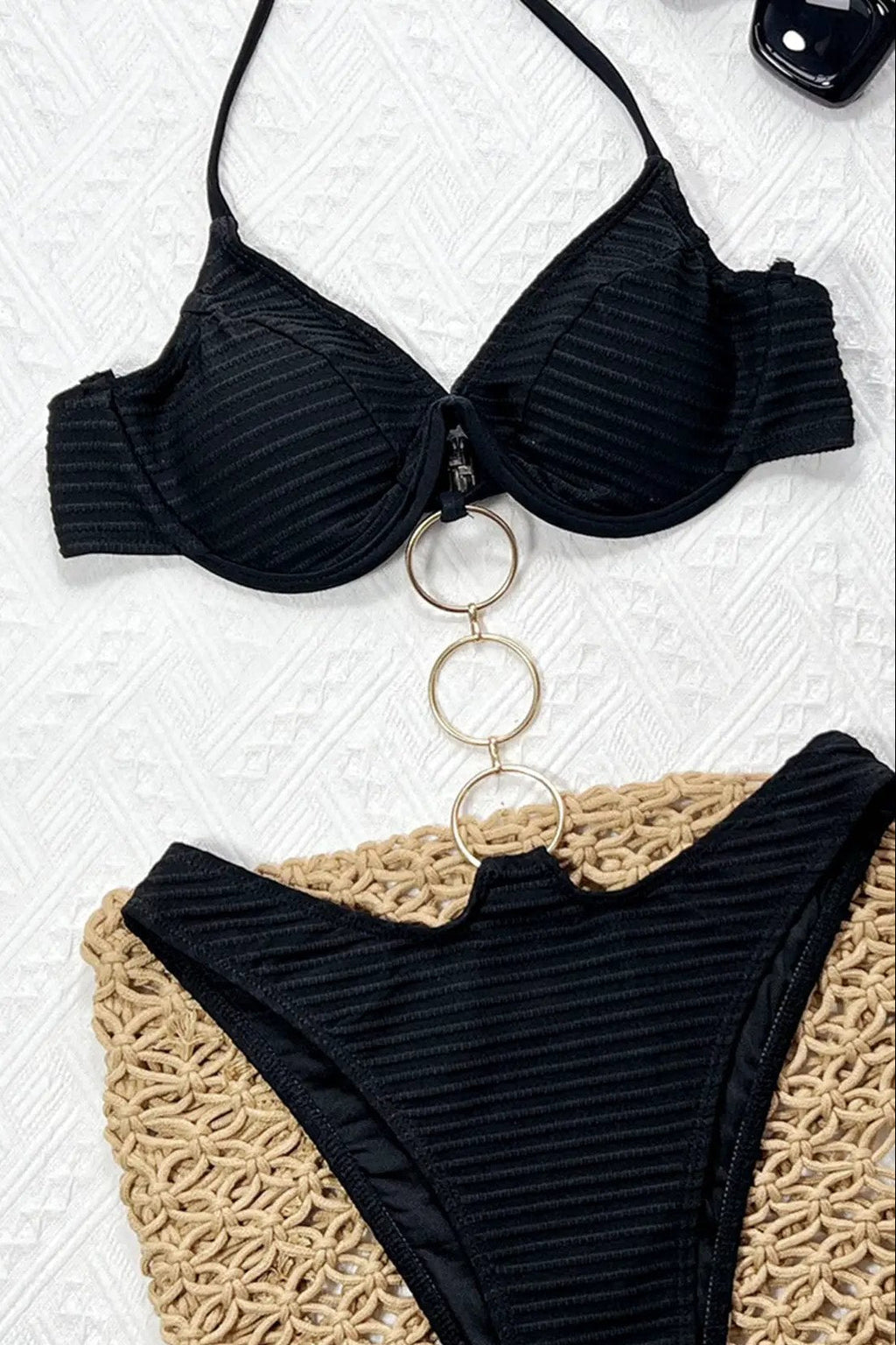 Sexy Black Wired Push-Up Gold O-rings Monokini 1Pc Swimsuit