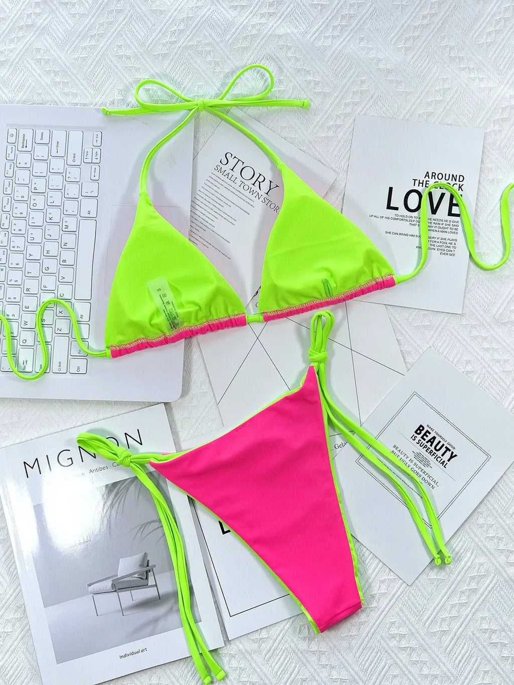 Neon Pink Lime Reversible Cheeky 2Pc Swimsuit Trim Bikini