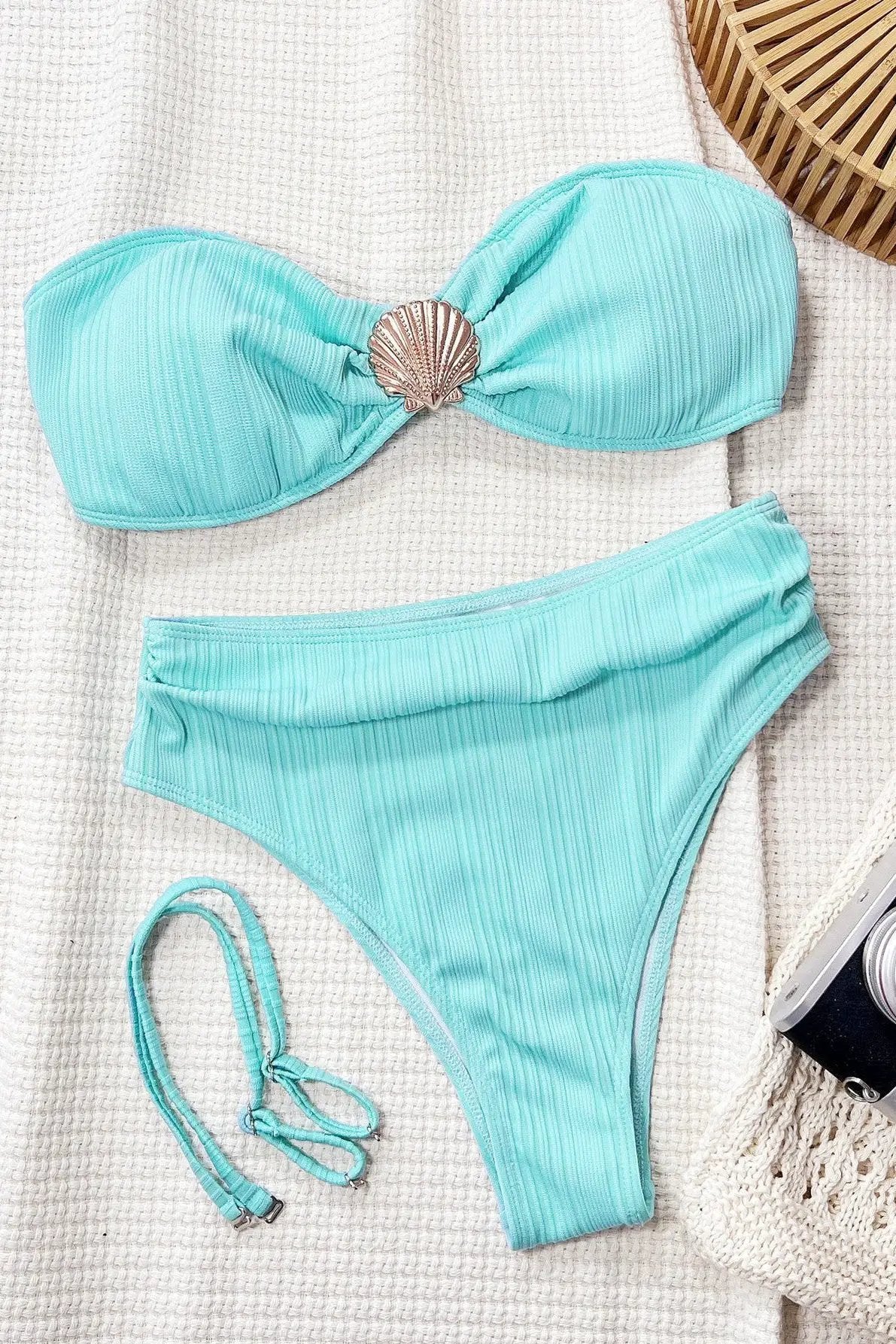 Blue Silver Sea Shell Bandeau High Waist Sexy 2Pc Swimsuit Set