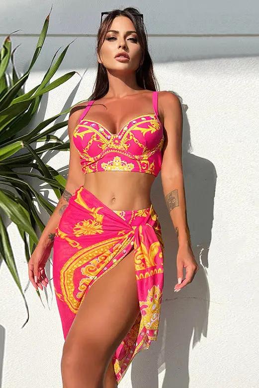 Hot Pink Gold Print Bustier High Waist Cover-Up Sexy 3Pc Swimsuit Set