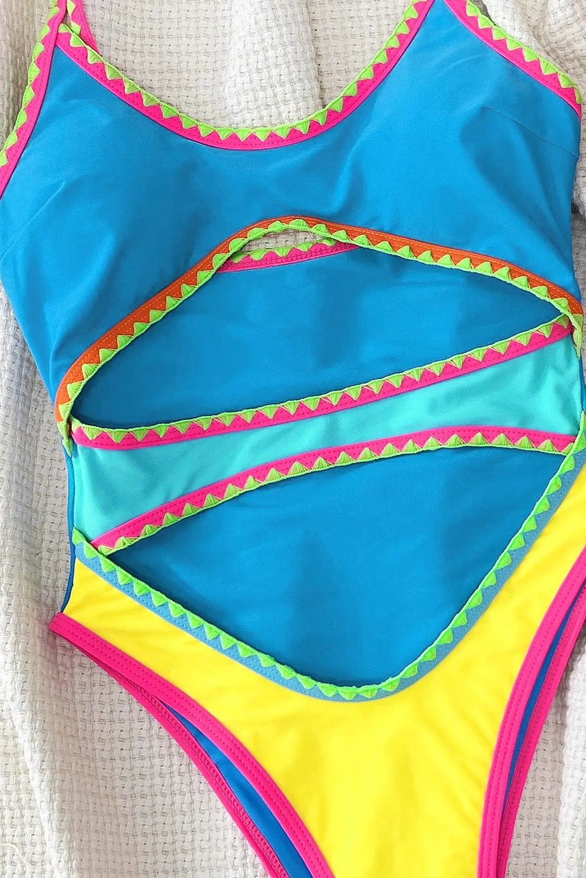 Blue Yellow Embroider Trim Cut-Out Sexy Monokini 1Pc Swimsuit