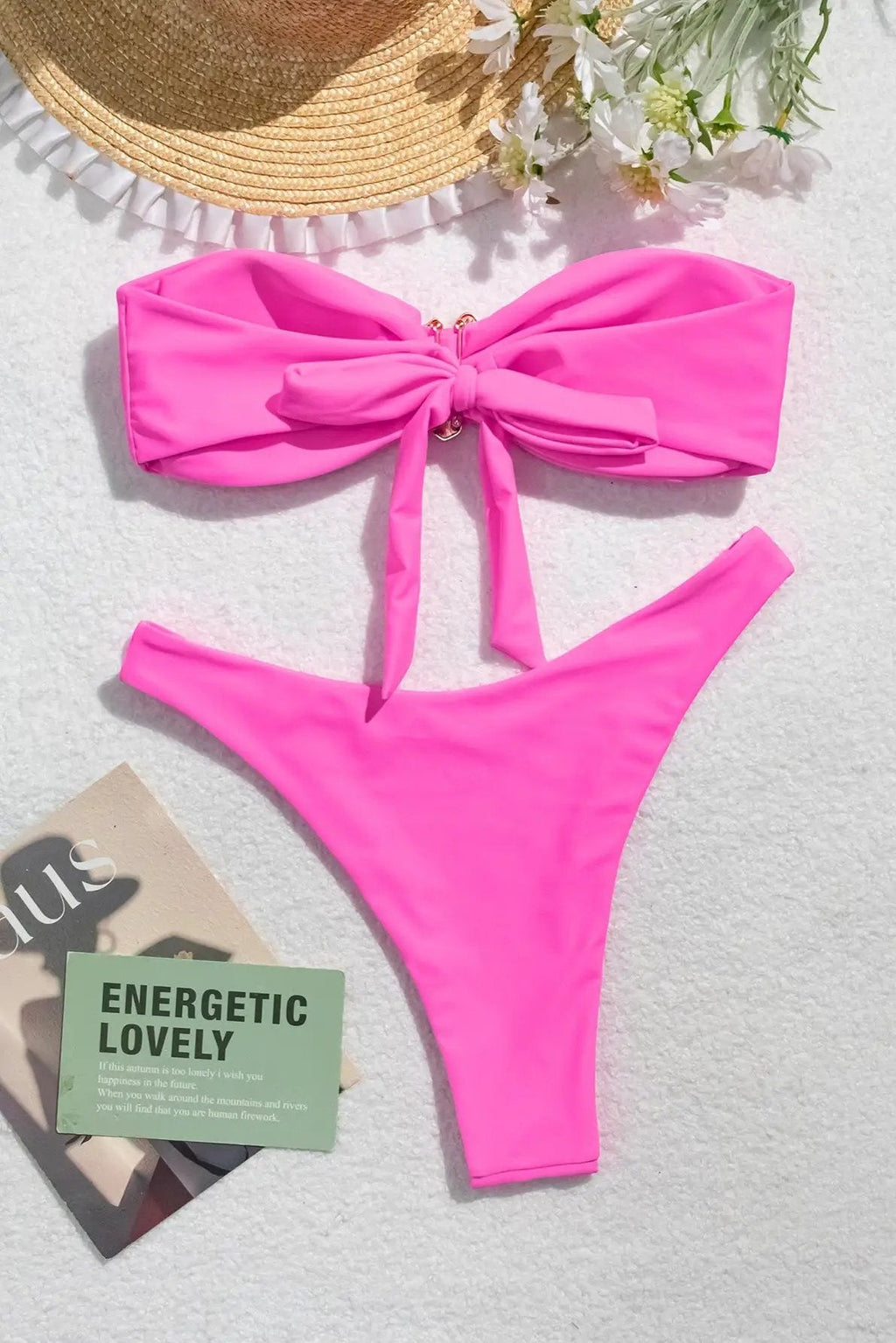 Hot Pink Gold Flower Decor Bandeau Cheeky Sexy 2Pc Swimsuit Set Bikini