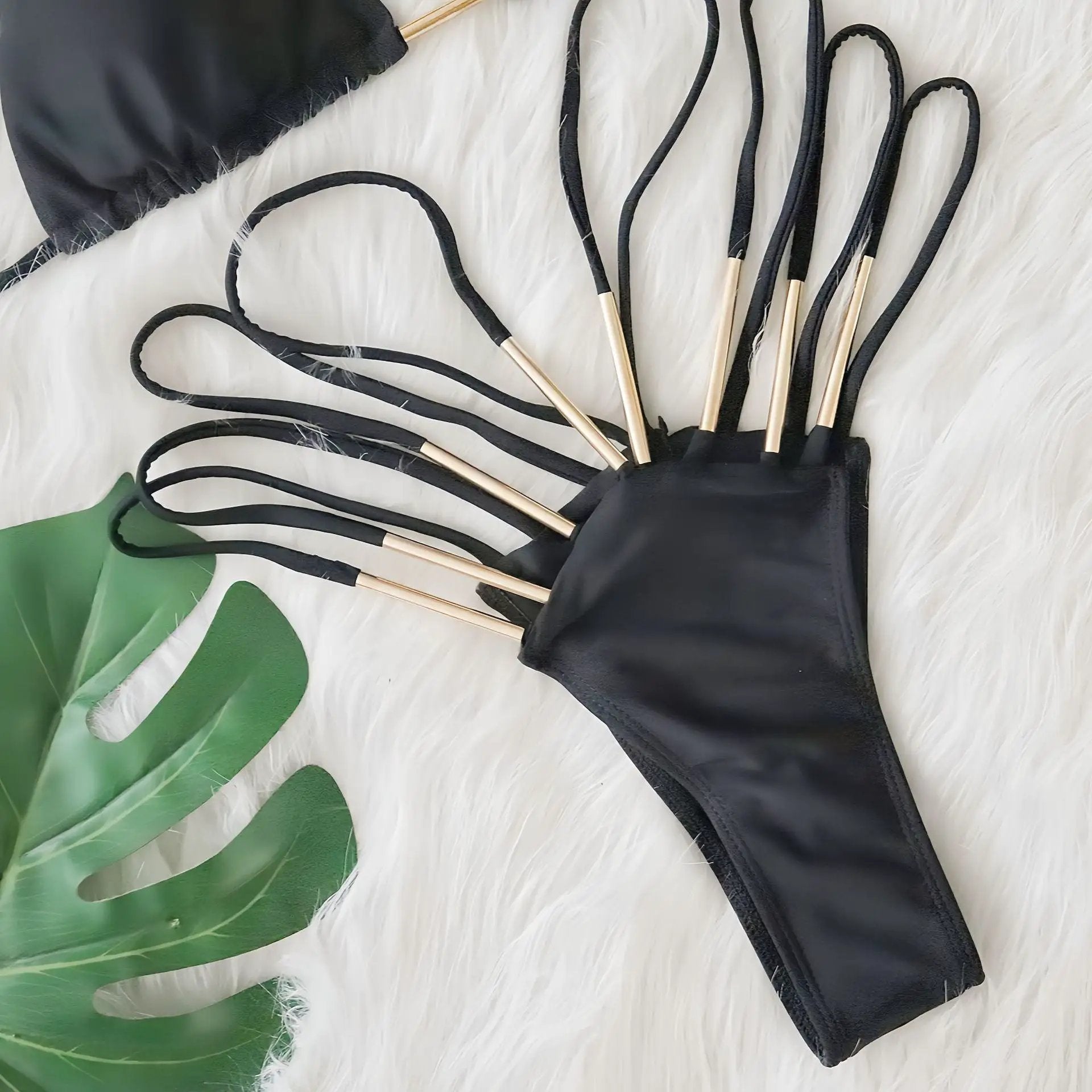 Black Gold Decor Ultra Sexy Cheeky Strappy 2Pc Swimsuit Set Bikini
