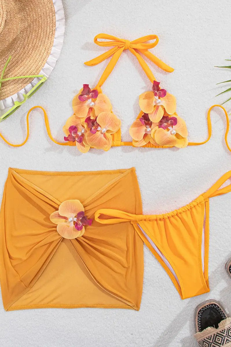 Marigold 3D Hawaiian Flower Pearl Ruched Cheeky Mesh Cover-Up Sexy 3Pc Swimsuit Set