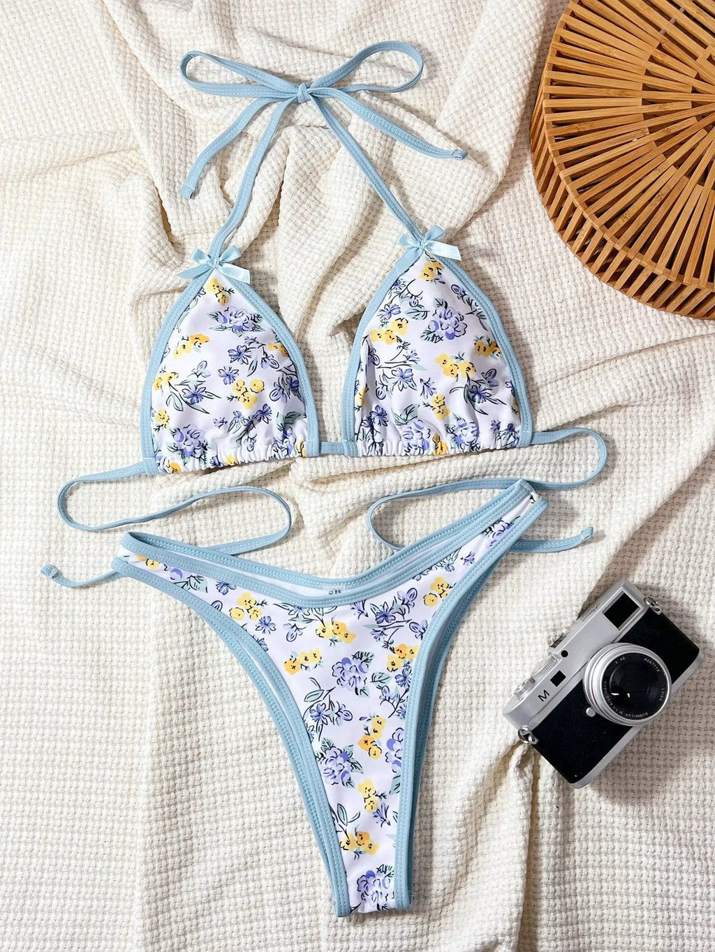 Blue Spring Bloom Print Bows Sexy 2Pc Cheeky Swimsuit Set Bikini