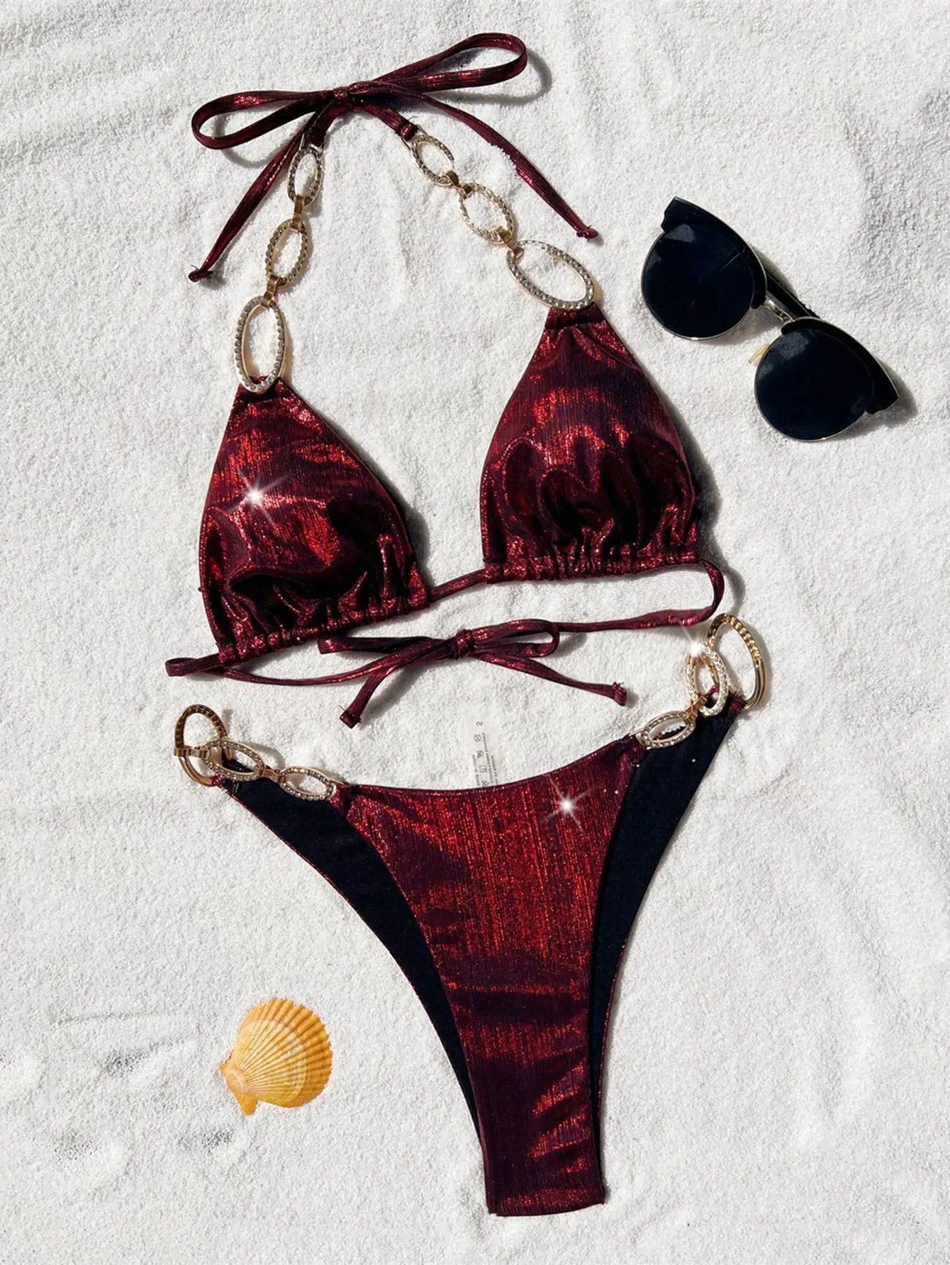 Red Shimmer Halter Rhinestone Ring Detail Cheeky 2Pc Swimsuit Set