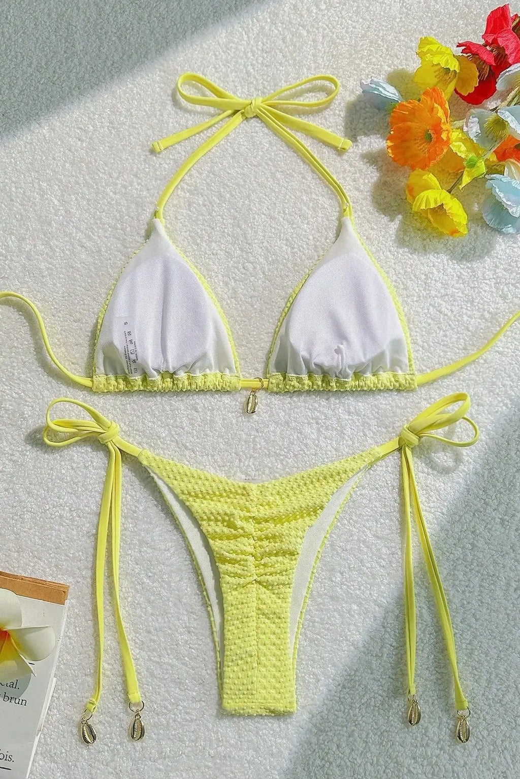 Yellow Dot Texture Fabric Gold Shell Charm Ruched Butt Sexy 2Pc Swimsuit Set Bikini