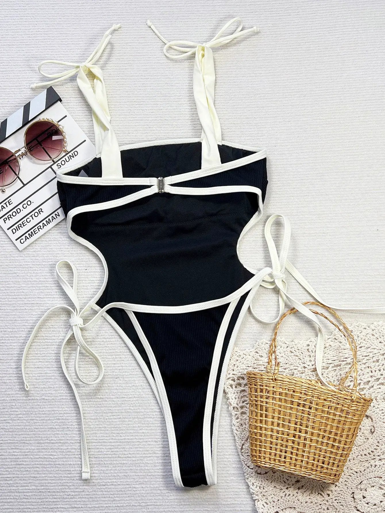 Black Ribbed White Trim Bows Thong Sexy 1Pc Swimsuit Monokini