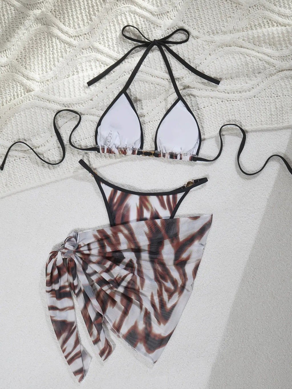 Brown Animal Print Gold Rhinestone Buckle 3Pc Sexy Swimsuit Cover-Up Set