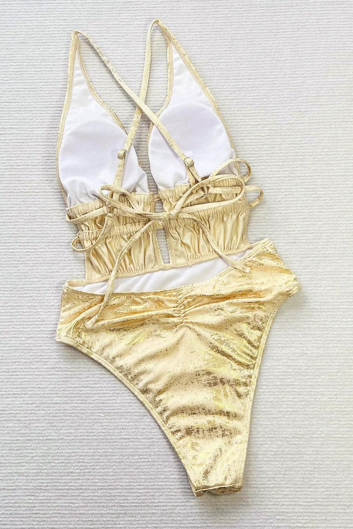 Gold Foil Metallic Plunging Neckline Ruched Butt Sexy Monokini 1Pc Swimsuit