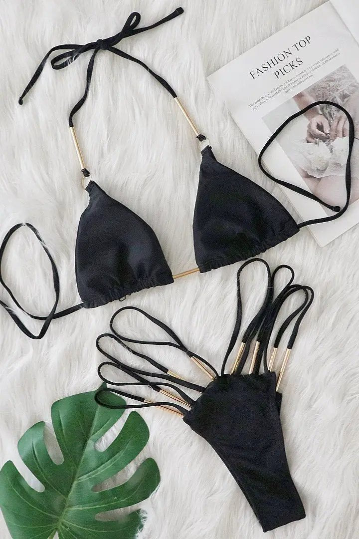 Black Gold Decor Ultra Sexy Cheeky Strappy 2Pc Swimsuit Set Bikini