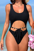 Black Textured Fabric Gem Cut-Out Sexy 1Pc Swimsuit Monokini
