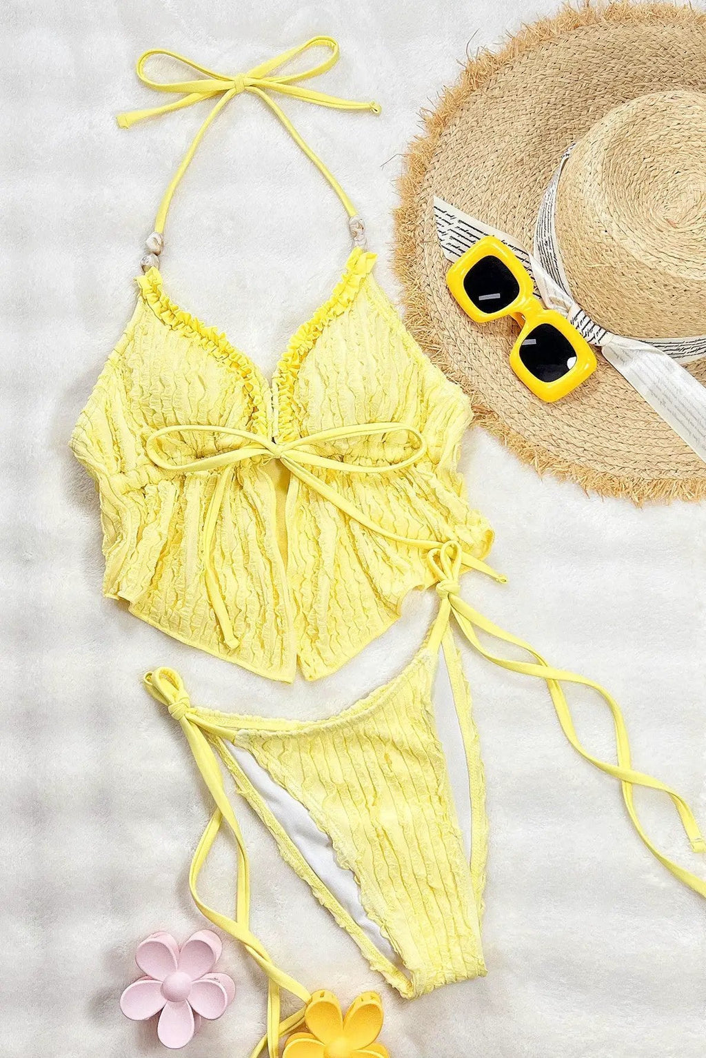 Yellow Ruffle Textured Handkerchief Top Natural Stones Sexy 2Pc Swimsuit Set