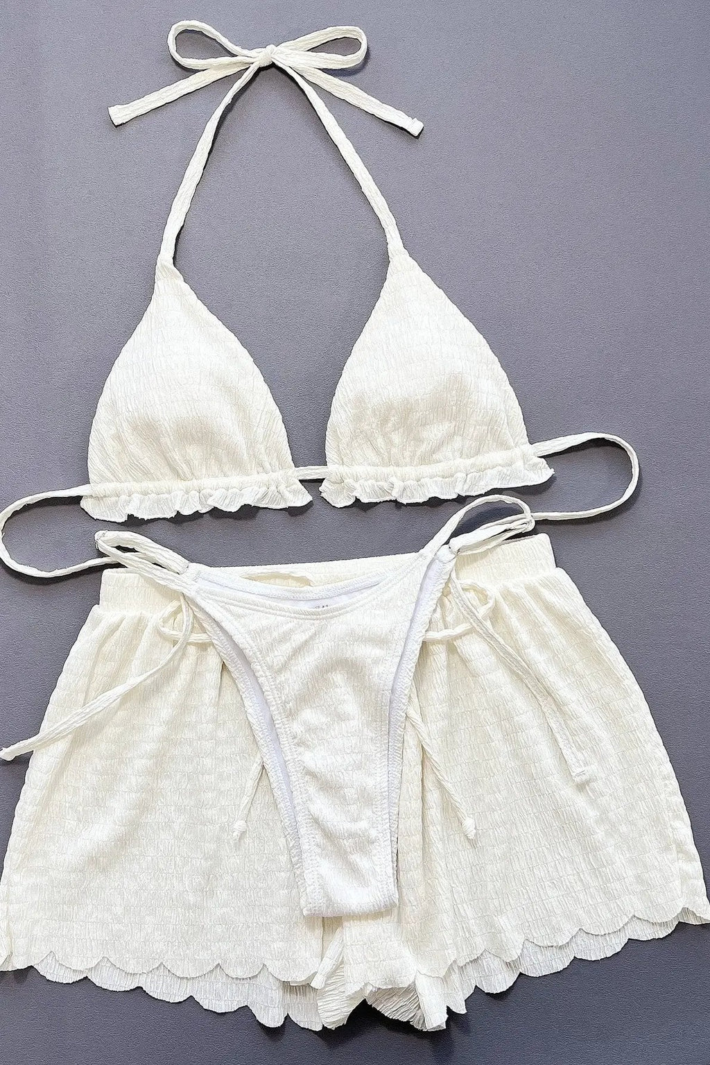 Sexy White Textured Triangle Cheeky Bikini Shorts 3Pc Swimsuit Set