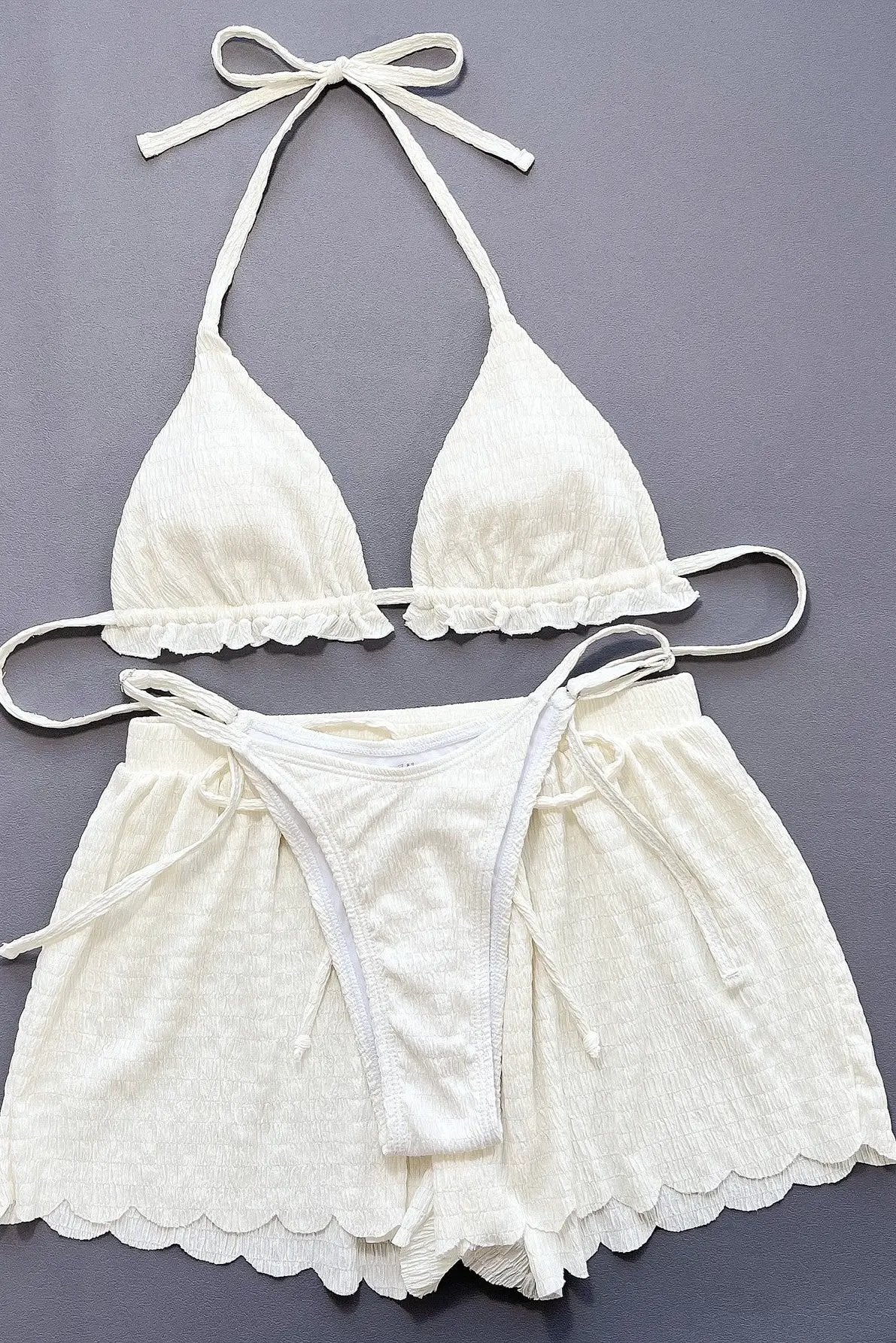 Sexy White Textured Triangle Cheeky Bikini Shorts 3Pc Swimsuit Set