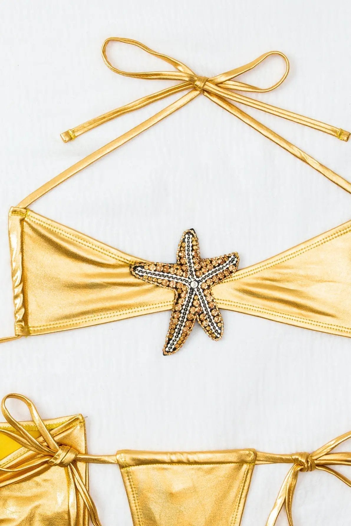 Gold Metallic Rhinestone Starfish Cheeky Cover-Up Sexy 3Pc Swimsuit Set