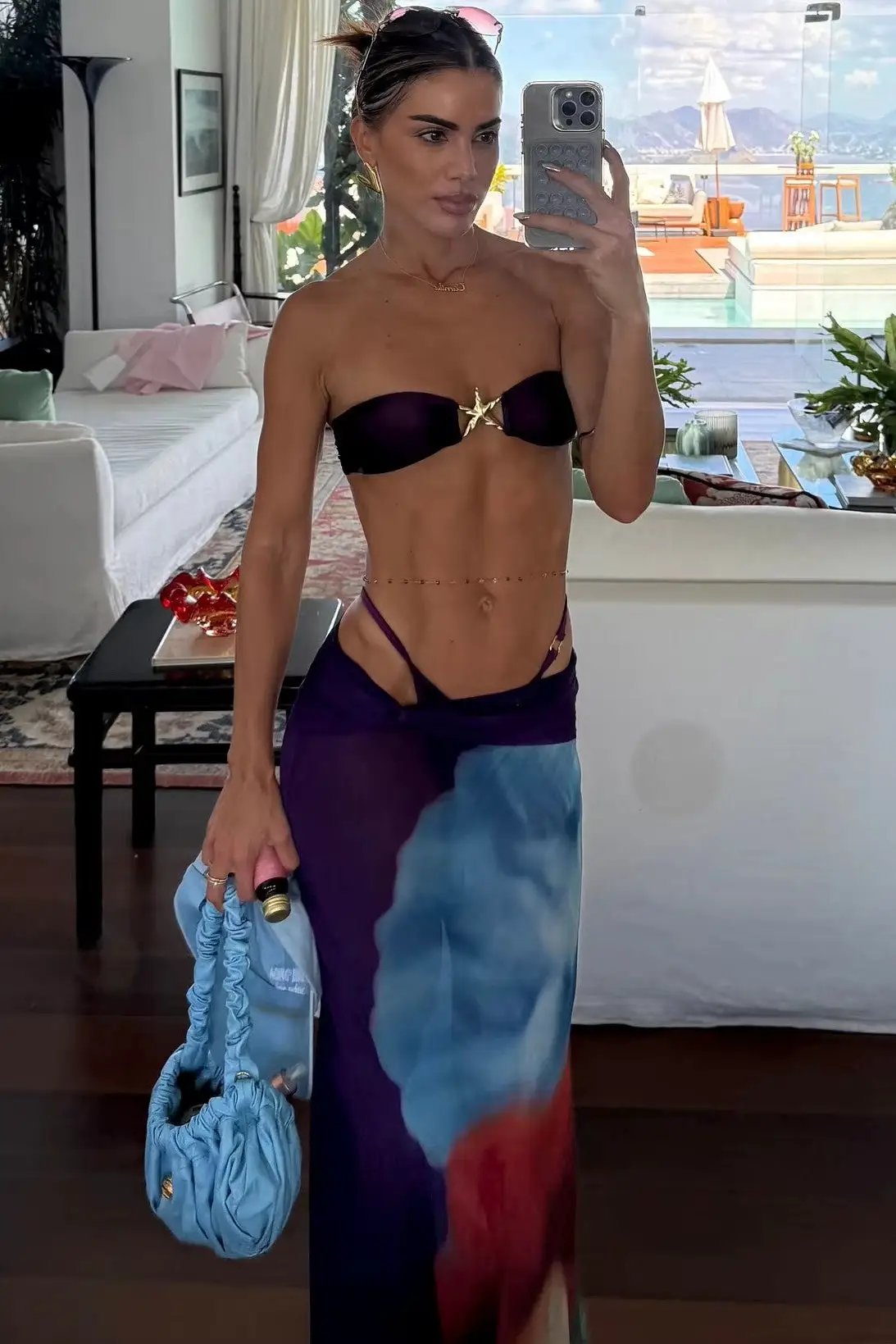 Purple Printed Gold Starfish Bandeau Cheeky Mesh Maxi Cover-Up 3Pc Swim Set