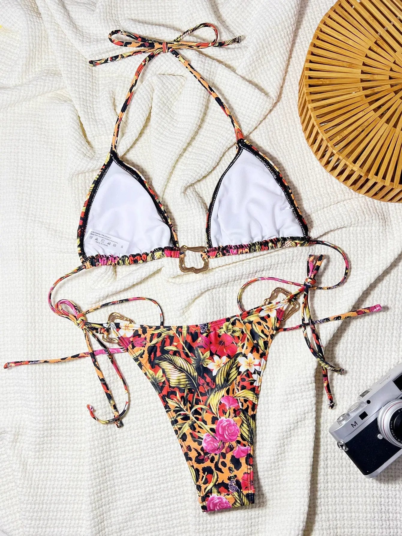 Multi Leopard Gold Decor Triangle Tie Side Sexy 2Pc Swimsuit Set