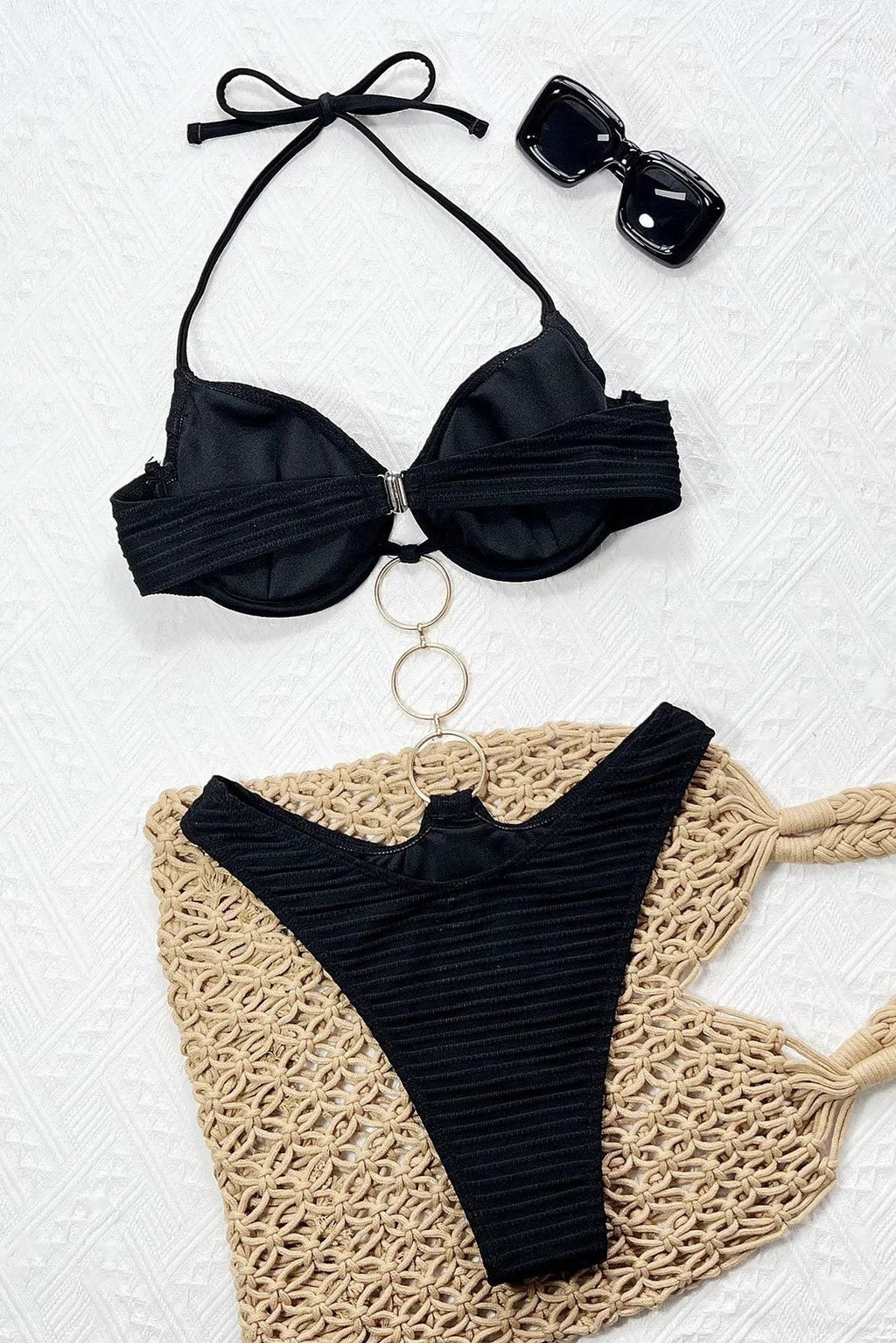 Sexy Black Wired Push-Up Gold O-rings Monokini 1Pc Swimsuit