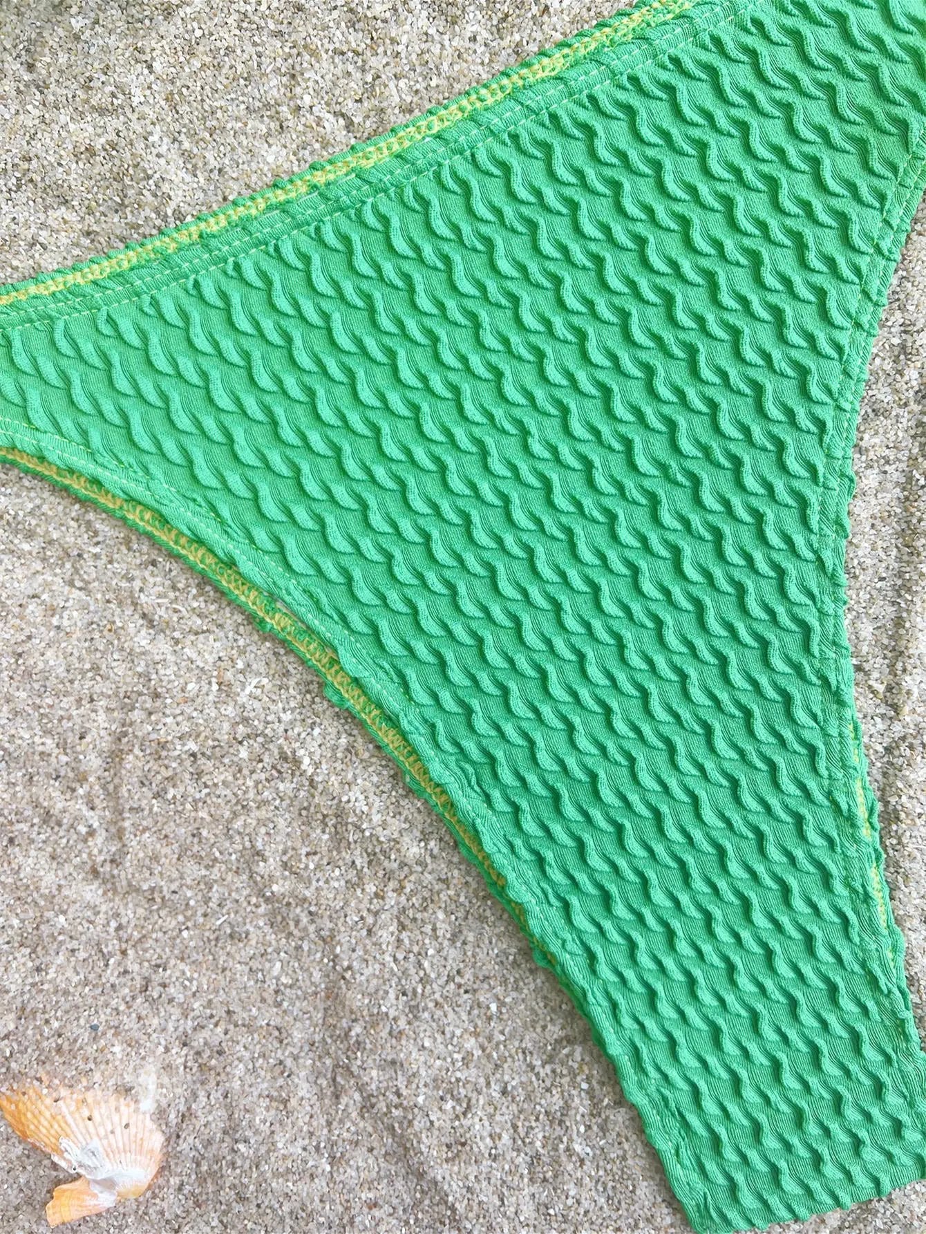 Green Textured Pearl One Shoulder Cheeky Sexy 2Pc Swimsuit Set
