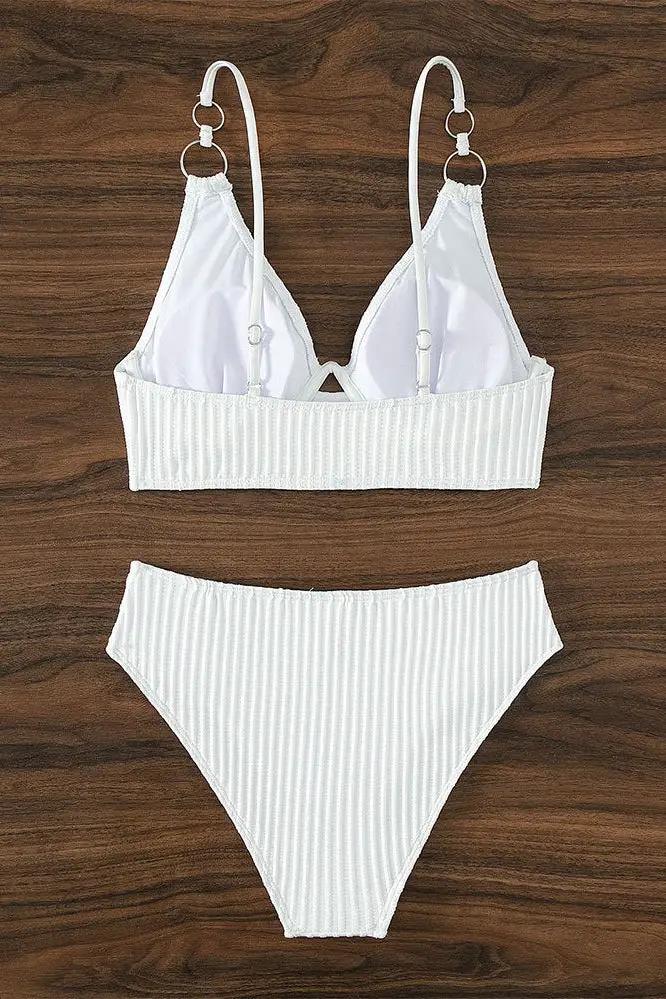 White Ribbed Wired V-Wired High Waist O-RIng Sexy 2Pc Swimsuit Set