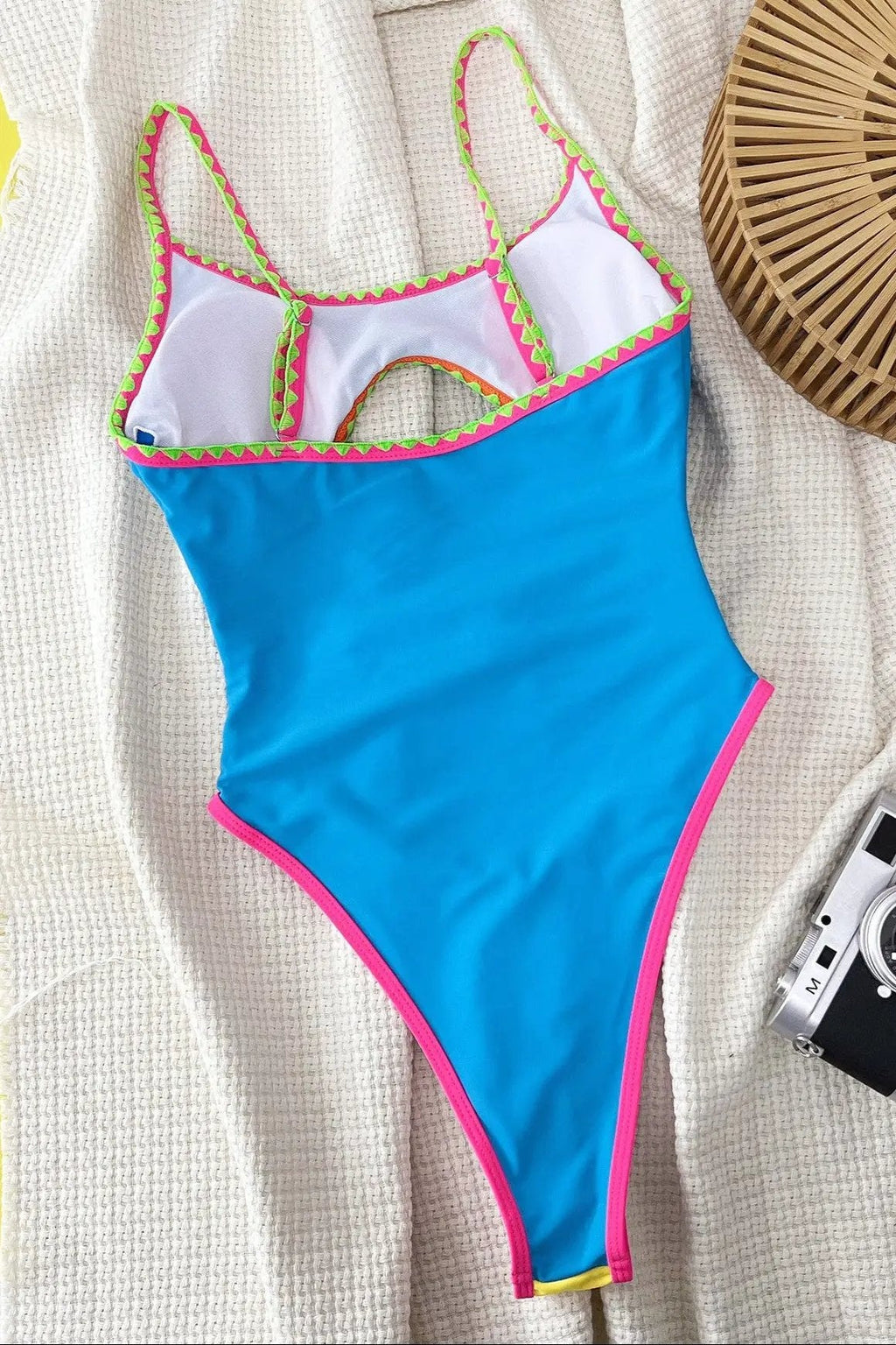 Blue Yellow Embroider Trim Cut-Out Sexy Monokini 1Pc Swimsuit
