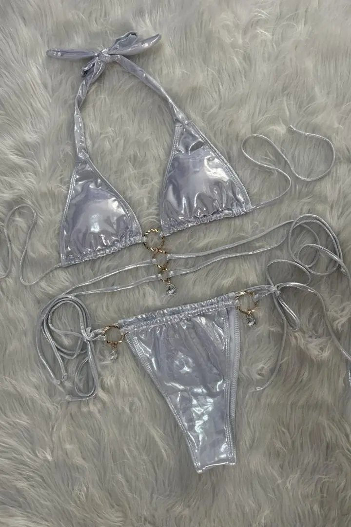 Silver Metallic 3 Straps Dangling Rhinestone Gem Sexy 2Pc Swimsuit Bikini