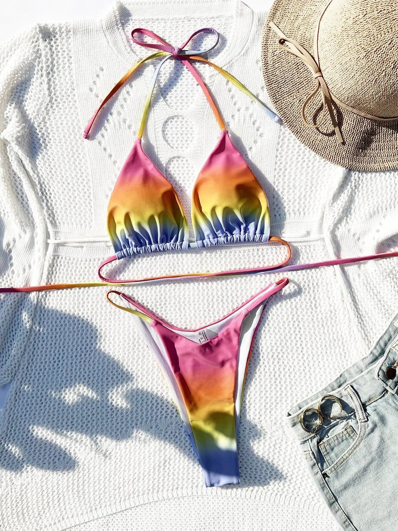 Rainbow Tie Dye Triangle Strappy Cheeky Sexy 2Pc Swimsuit Set Bikini