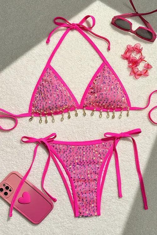 Hot Pink Sequin Gold Sea Shell Pearl Sexy 2Pc Swimsuit Set Bikini