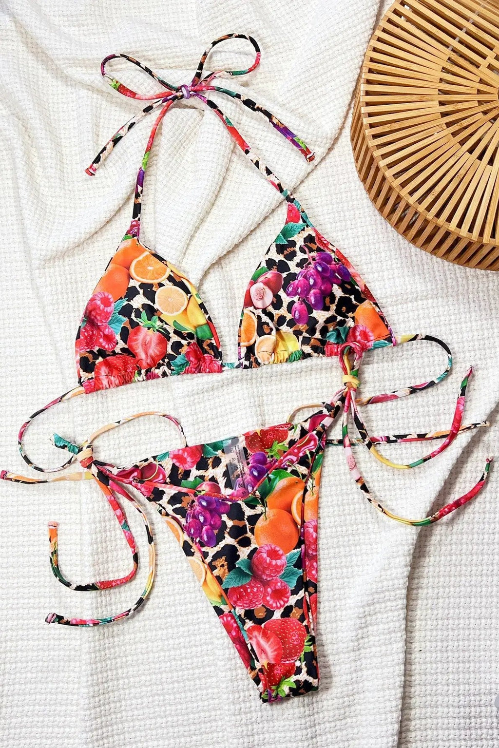 Sexy Leopard Tropical Fruit Print Triangle Contour Cut Bikini 2Pc Swimsuit Set