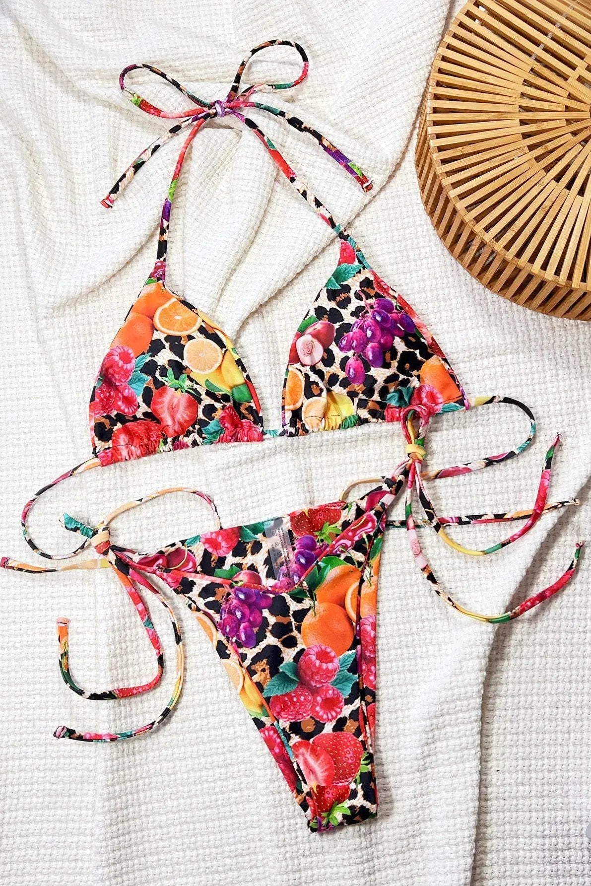 Sexy Leopard Tropical Fruit Print Triangle Contour Cut Bikini 2Pc Swimsuit Set