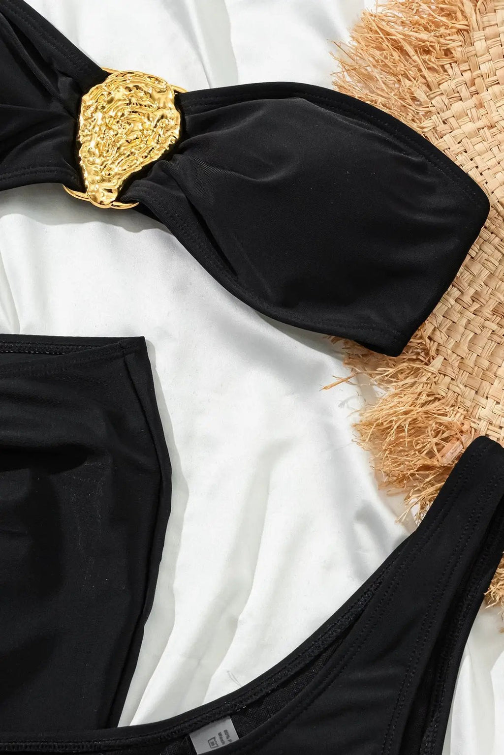 Black Gold Abstract Decor Bandeau Cheeky Cover-Up 3Pc Swimsuit Set